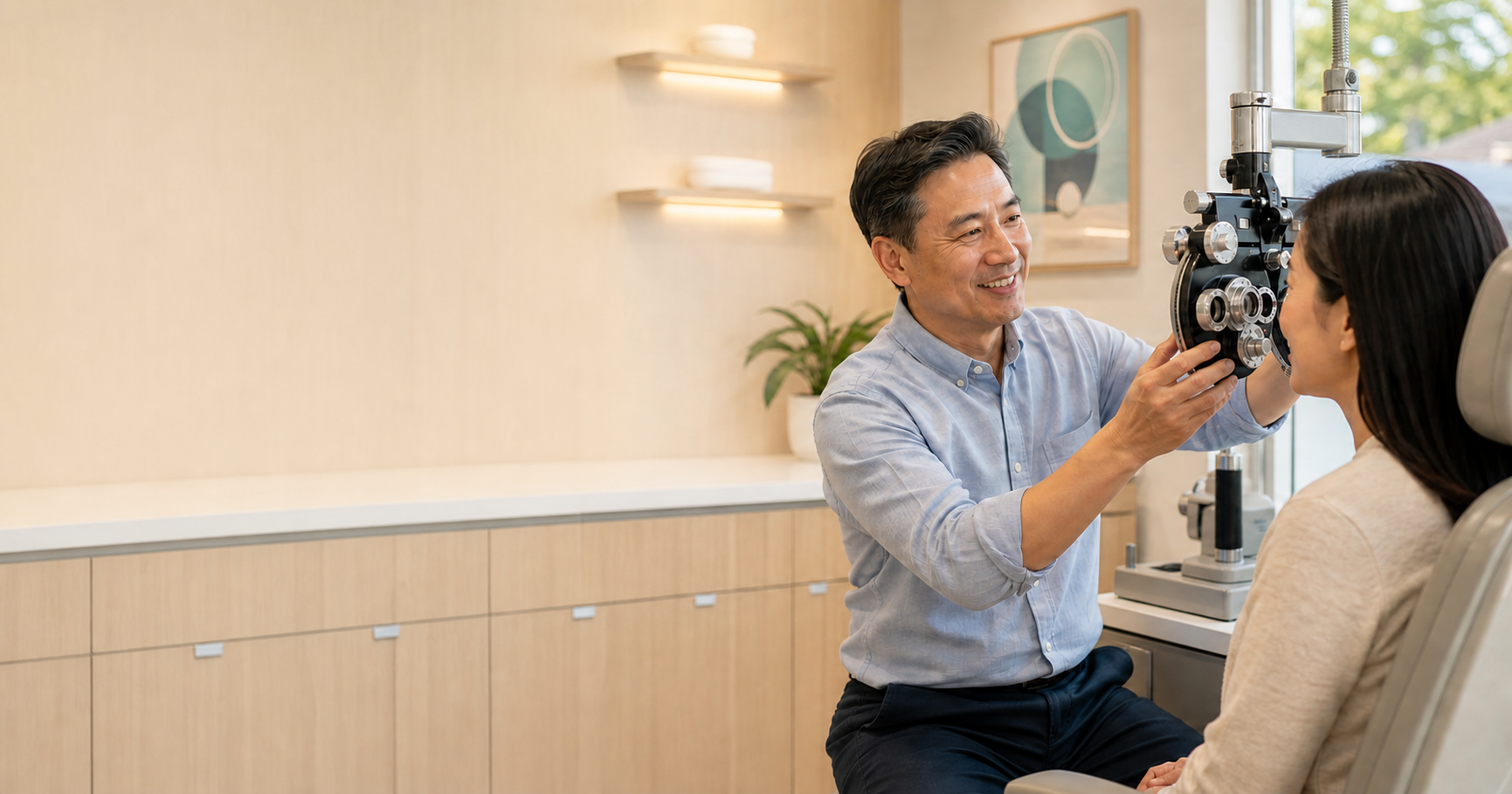 An optometrist speaking with a patient in a modern eye clinic